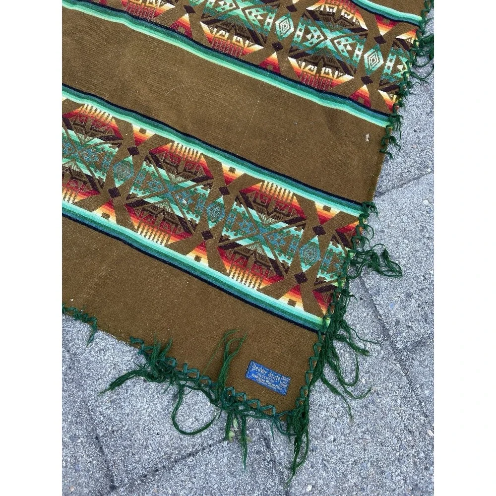 Vintage‎ Pendleton Wool Beaver State Aztec Blanket Throw Shawl Brown Green 60x66